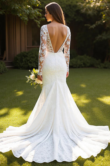 Lace Mermaid Bateau Court Train Ivory Wedding Dress with Appliques